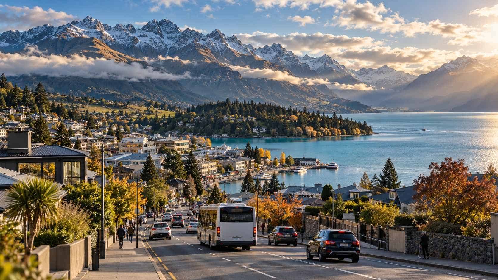 Ai-generated queenstown scene showing a bus and cars on a lakeside road beneath snow-covered mountains.