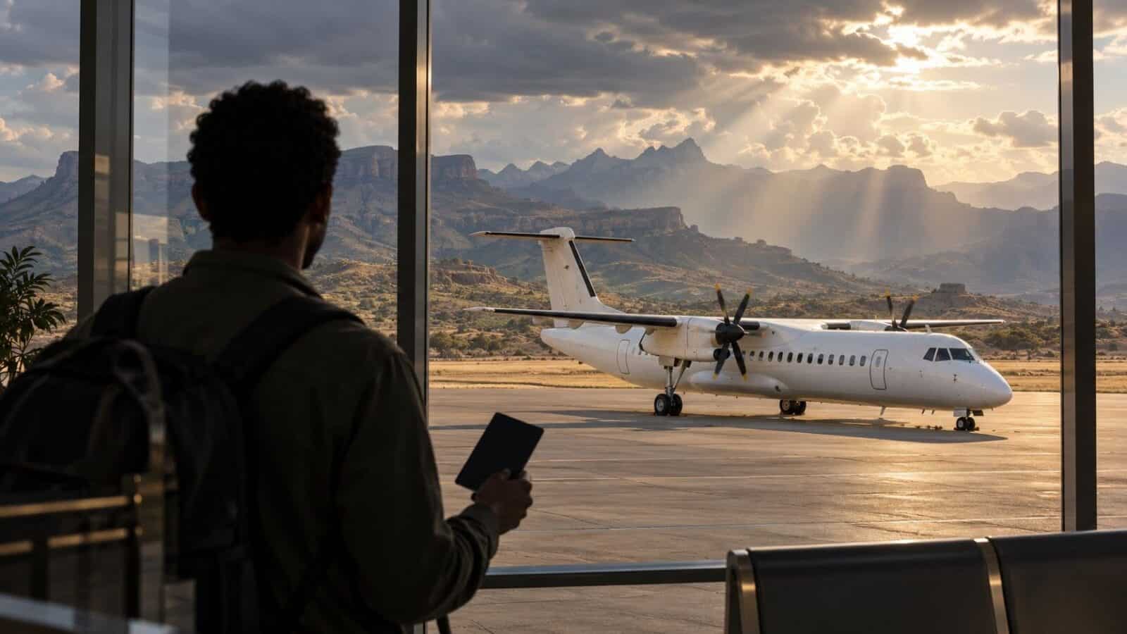 Quiet departure beneath highland skies - travel and tour world Editorial illustration of an airport in the ethiopian highlands accompanying ethiopia travel restrictions coverage.