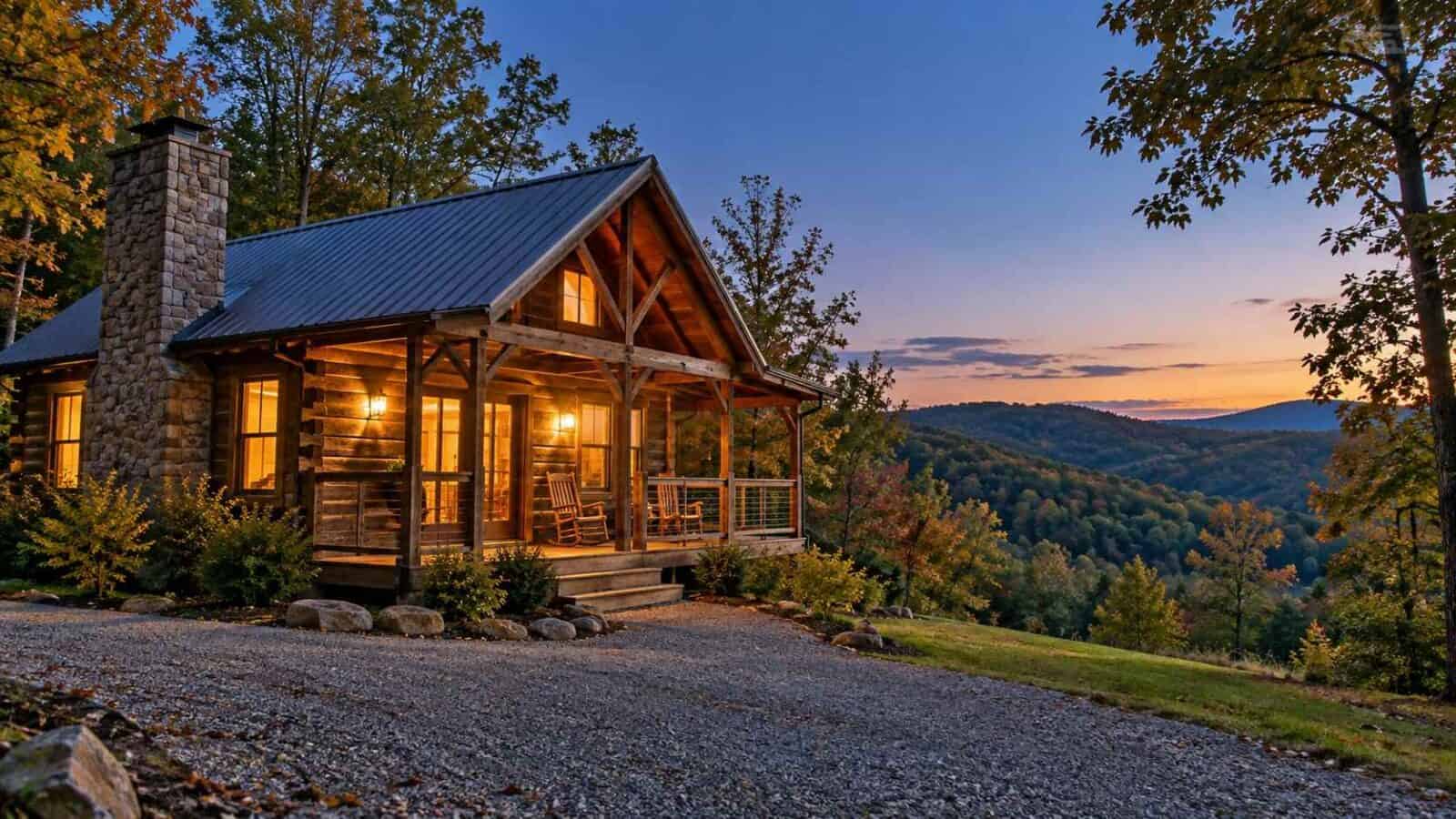 Us's sparta tourism - travel and tour world Ai-generated timber cabin with glowing windows overlooking wooded hills at dusk.