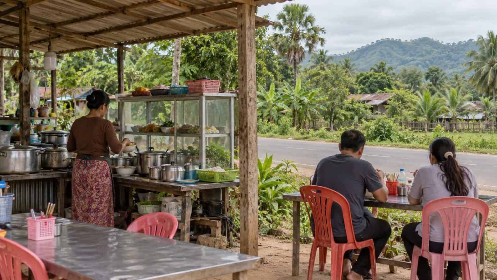 Illustrative scene of a cambodian roadside food stall representing local livelihoods linked to veal veng tourism.