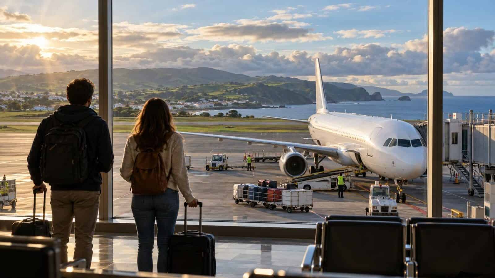 Portugal azores flight plans - travel and tour world Illustrative azores airport scene with an unbranded aircraft and travellers checking their flight plans.