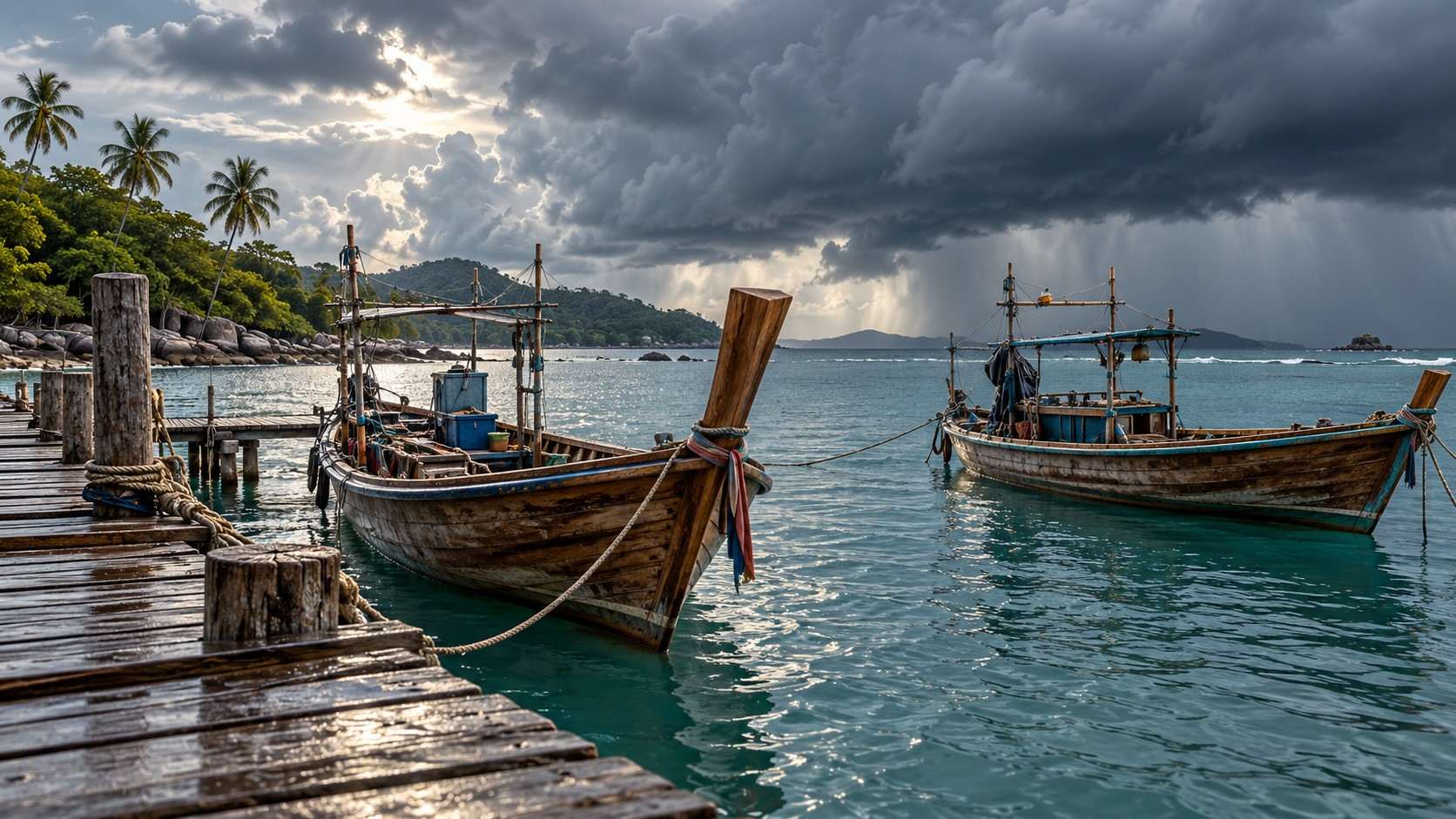 Ai-generated illustration of moored wooden boats beneath storm clouds, representing the southern thailand travel warning.