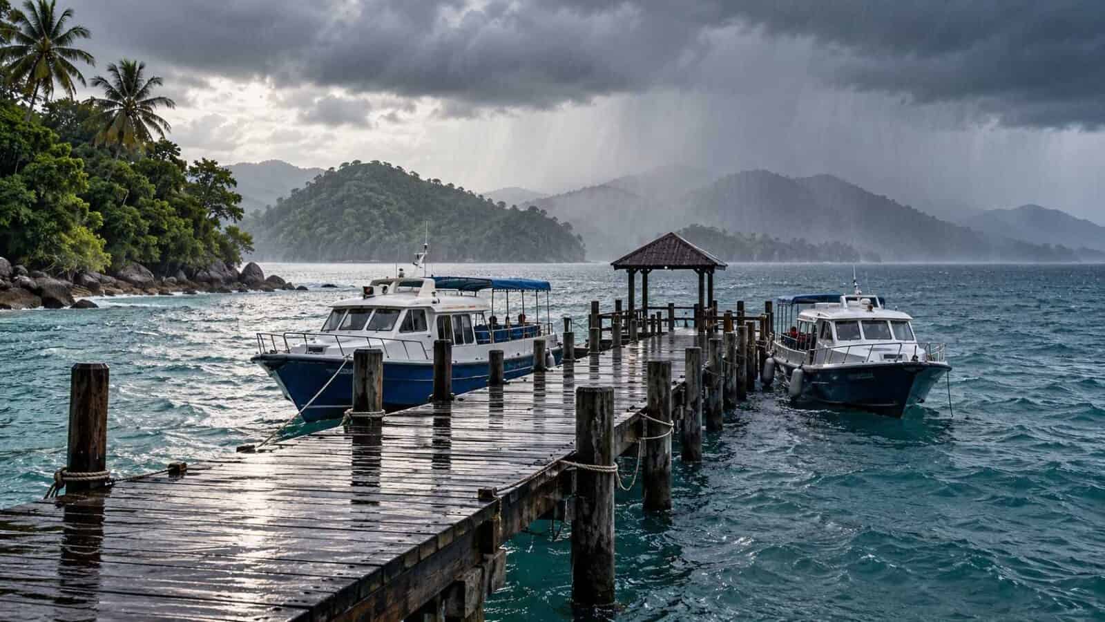 Malaysia coastal travel illustration showing moored passenger boats and rain clouds above a tropical jetty