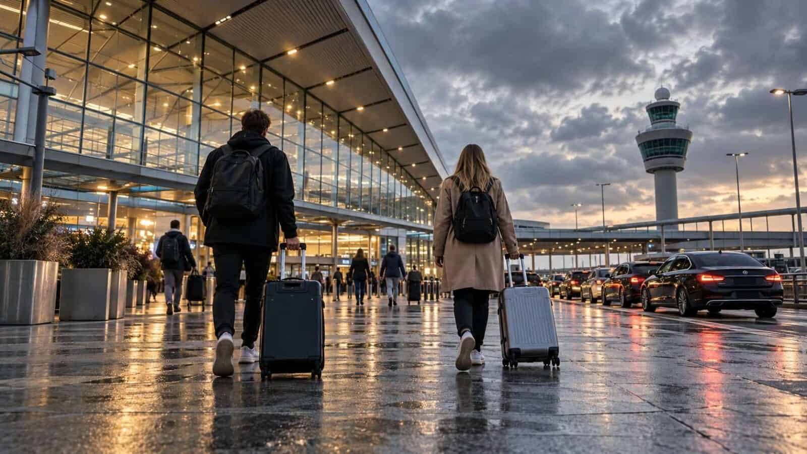 Travellers with luggage beside airport taxis illustrating schiphol airport transfers during a regional bus strike.