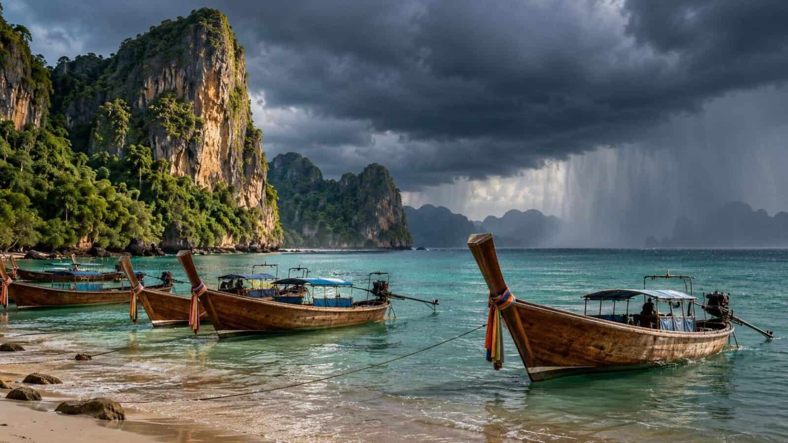 Southern thailand coastline beneath rain clouds with limestone cliffs and boats moored near shore