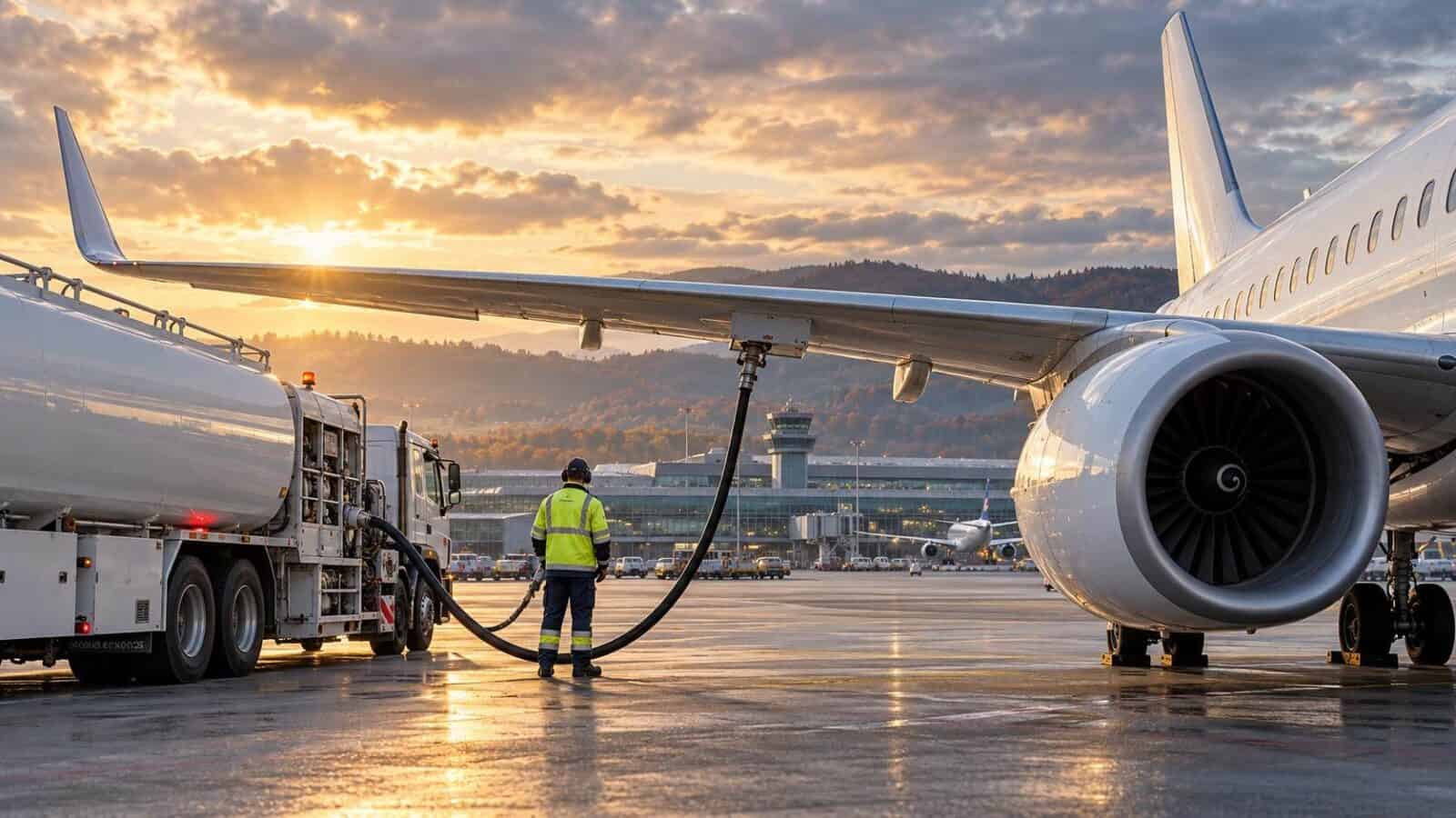 Switzerland - travel and tour world Aircraft refuelling scene illustrating switzerland’s release of jet fuel reserves to support zurich airport.