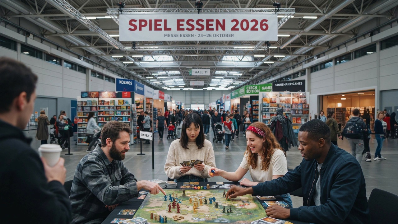 Spiel essen 2026 - travel and tour world International visitors playing tabletop games at a crowded gaming exhibition in essen, germany
