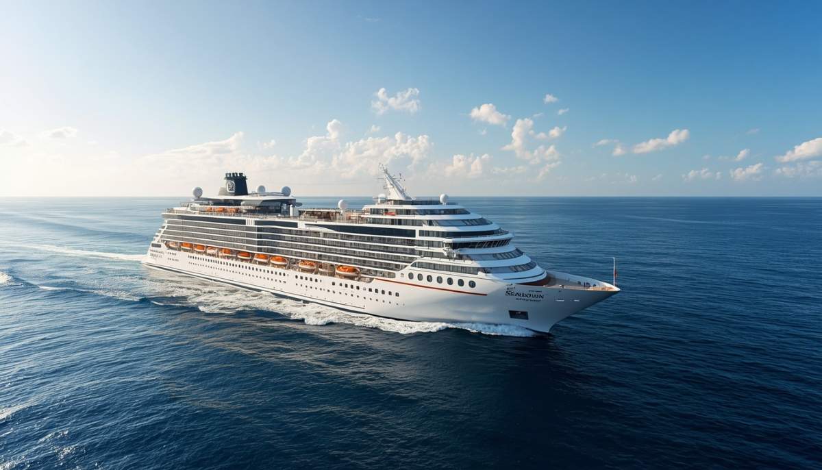 Seabourn - travel and tour world The luxury cruise ship seabourn ovation sailing calm blue ocean waters during a sunny day.