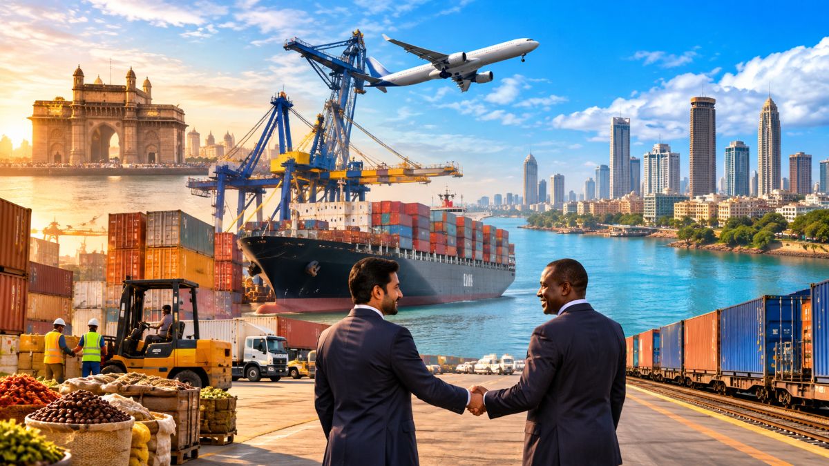 Senior international diplomats gathering in an executive summit hall overlooking modern transcontinental trade and aviation routes between asia and africa.
