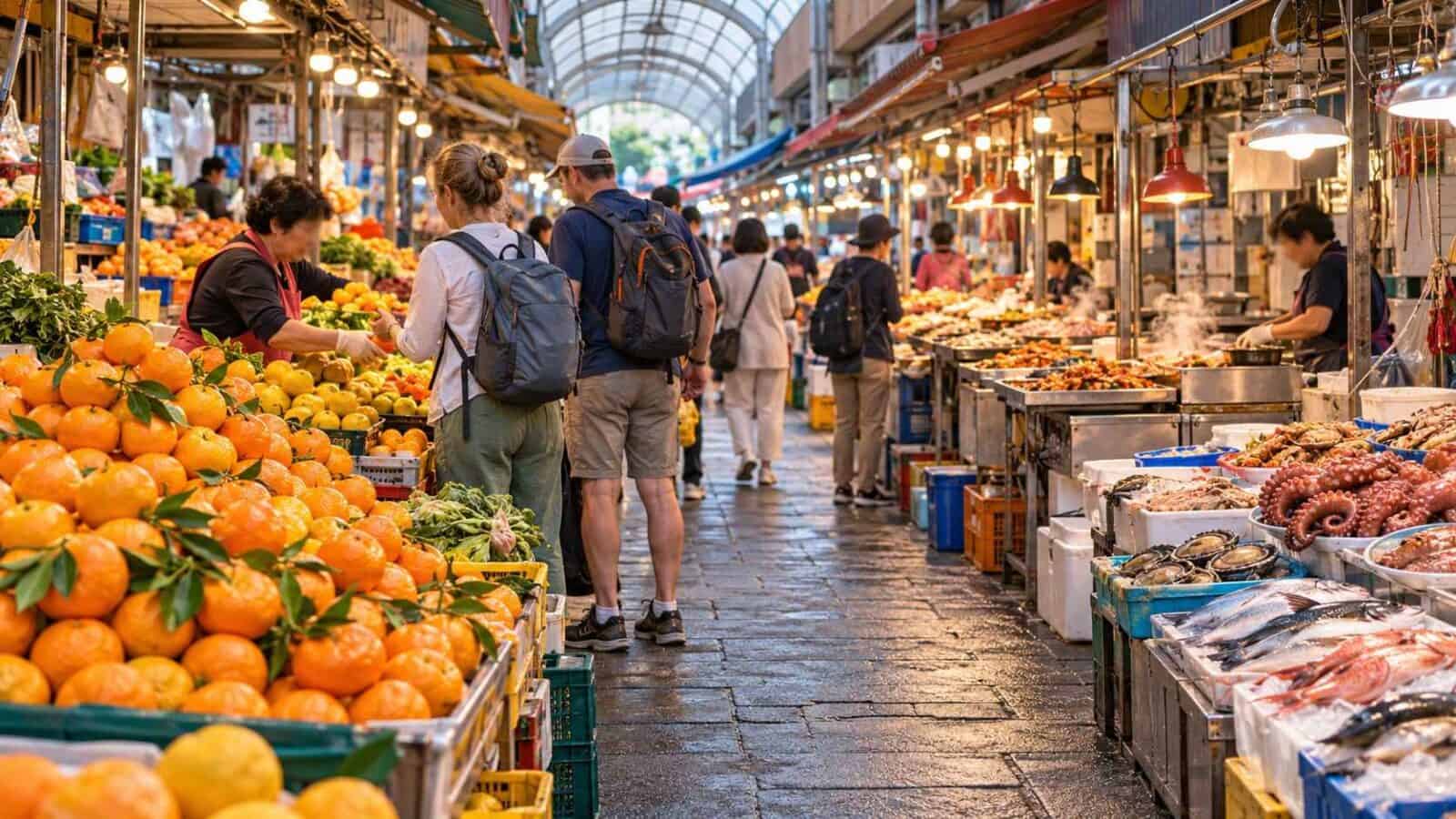 South korea’s cruise tourism - travel and tour world Visitors browse citrus and seafood stalls in a seogwipo market, illustrating south korea’s cruise tourism economy.