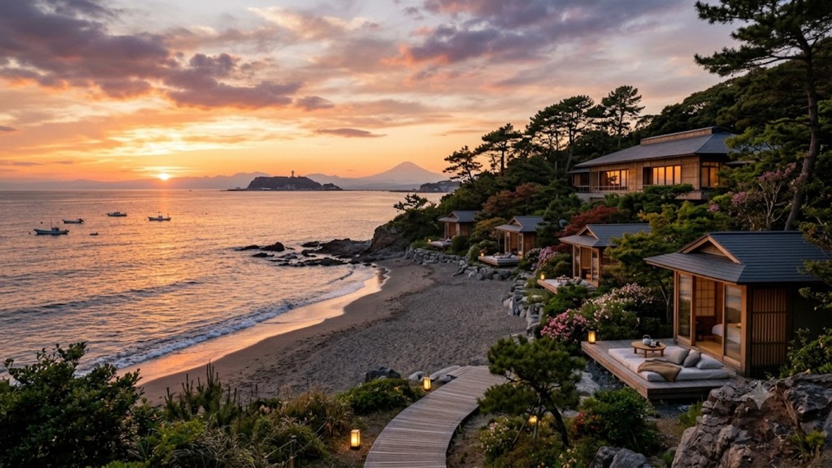 Serene japanese coastal sleep retreat - travel and tour world Seaside resort overlooking calm sunset ocean