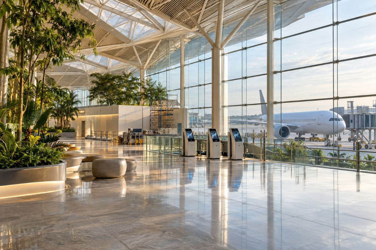 Singapore is now working on changi airport plans to unlock easier asia pacific travel and better stopovers - travel and tour world Sunlit airport interior with digital kiosks, tropical plants, scaffolding and an aircraft visible through large windows