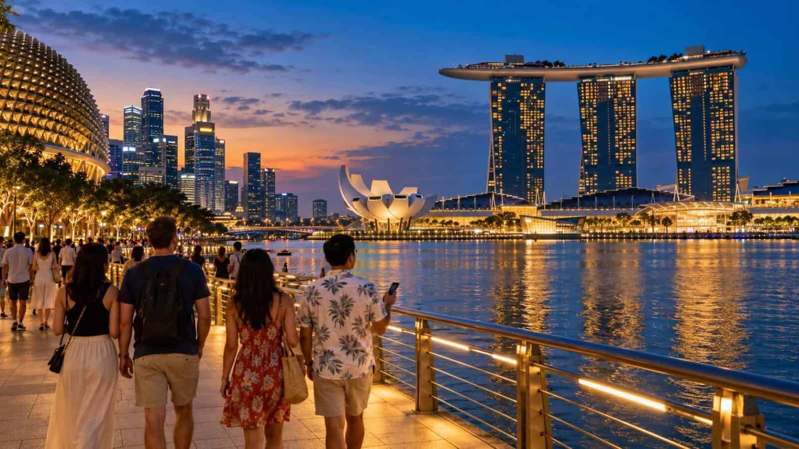 Singapore tourism - travel and tour world Singapore tourism waterfront scene with travellers exploring marina bay at blue hour.