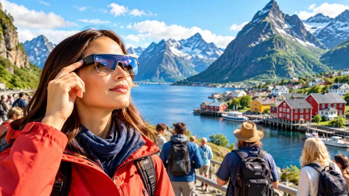 Traveller wearing smart audio glasses while touring an outdoor cultural site in norway. - travel and tour world Traveller wearing smart audio glasses while touring an outdoor cultural site in norway.