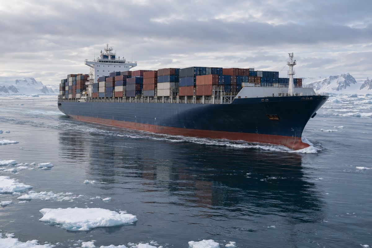 South korea is now eyeing new arctic shipping services as it builds on its first europe cargo round trip - travel and tour world Container ship carrying stacked cargo containers through calm arctic waters with scattered sea ice and snowy mountains.