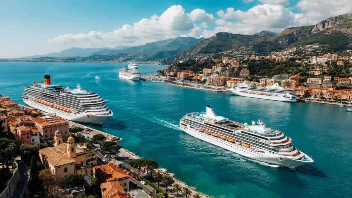 Cruise ships docked at a busy european port
