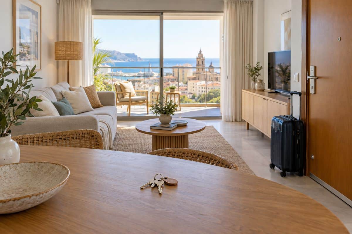 Spain is set to add new 10 vat on short-stay holiday rentals from 1 december as travellers could pay more - travel and tour world Spanish coastal holiday apartment with sea views, keys on a table and a suitcase by the door