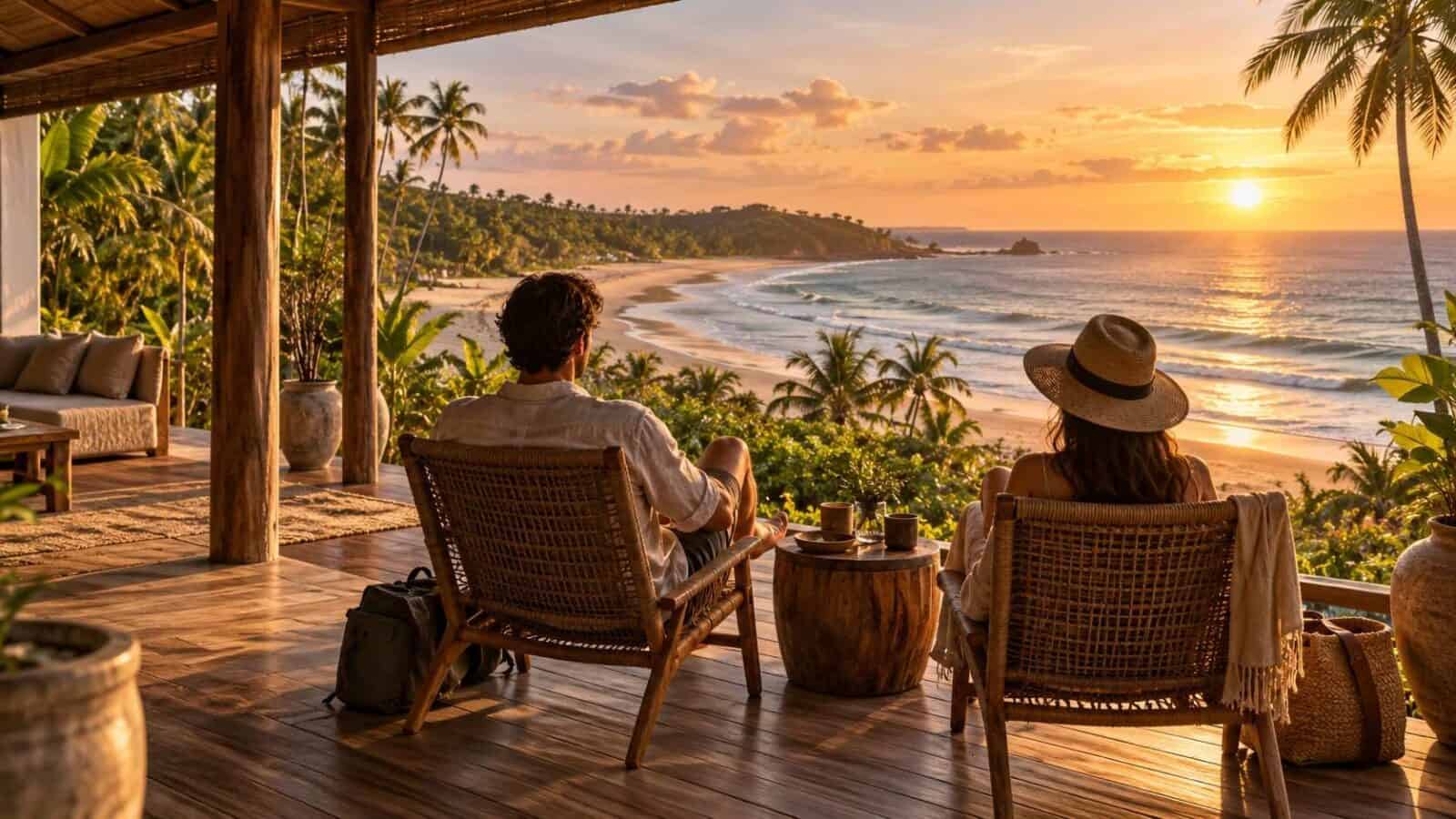 Sri lanka tourism - travel and tour world Sri lanka tourism scene showing travellers on an ocean-facing hotel terrace at sunset.