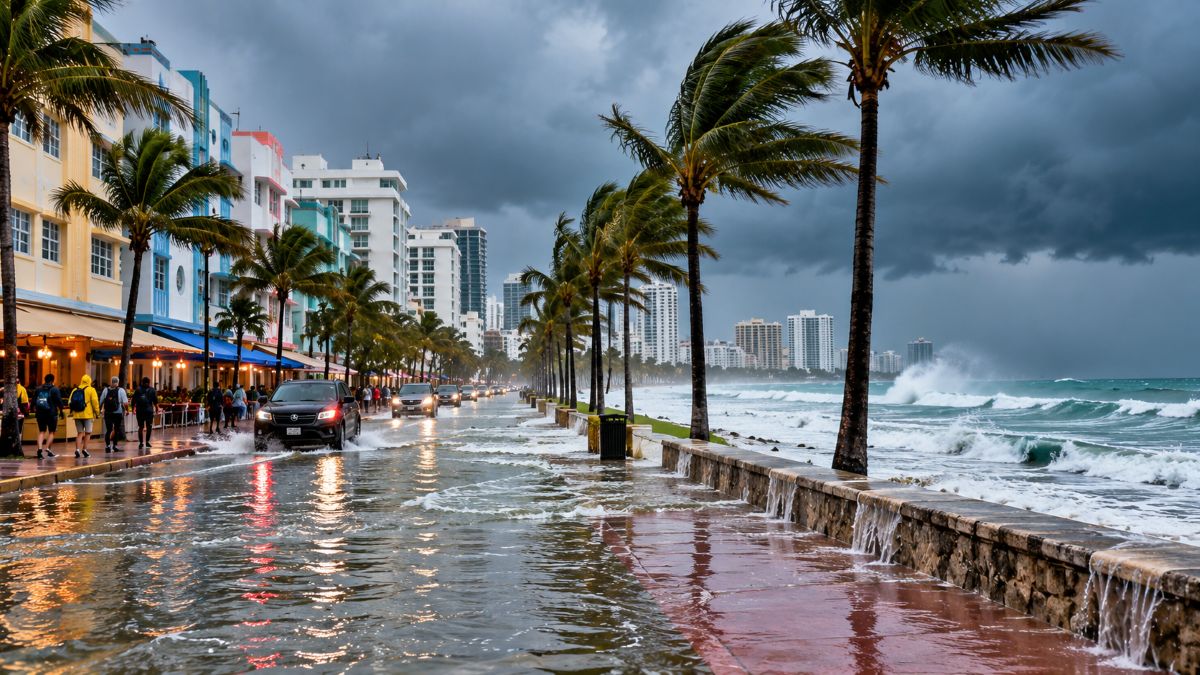 Stormy art deco seafront flooding