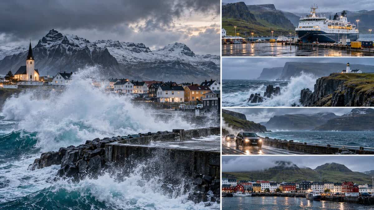 Create an ultra realistic and extremely attractive image within 1200*675 size by focusing on the main core subject area and then make sure that you don't include any text logo and country flag and create it like a realistic editorial photograph and create it like a broadsheet syle attractive joint collage image - travel and tour world Atlantic storm
