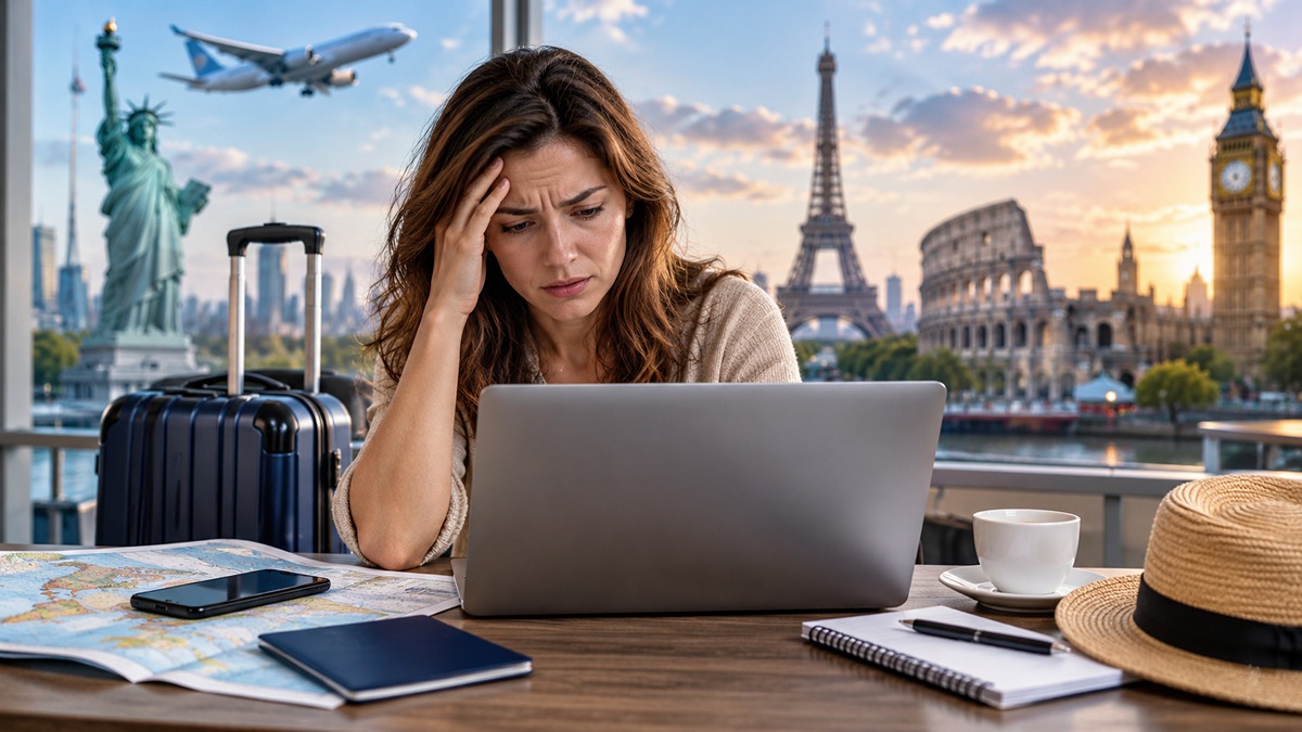 Stressed traveler planning a dream trip 1 - travel and tour world Us travel booking anxiety soars