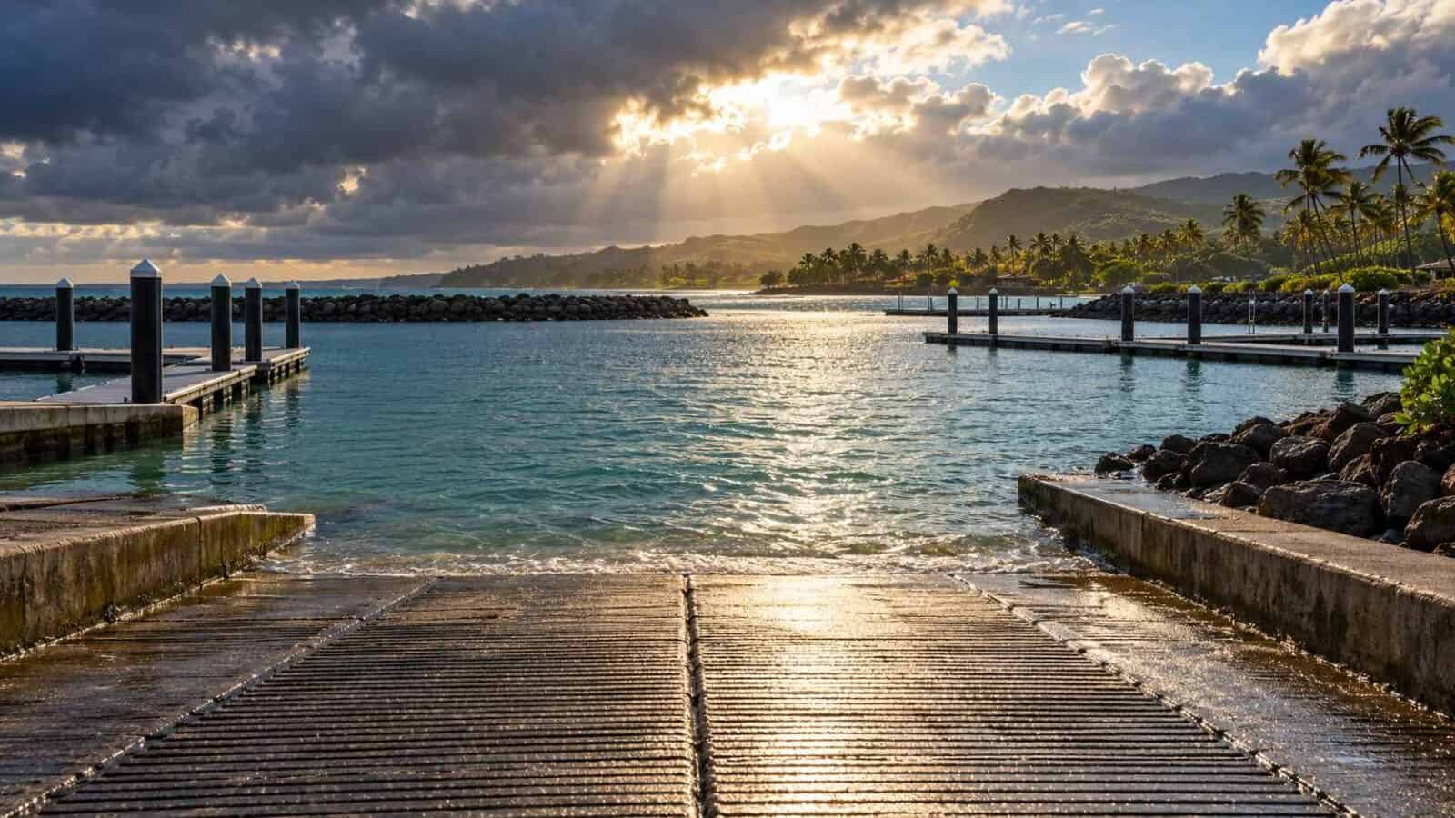 Sunlight breaks over port allen ramp - travel and tour world Illustrative view of a kauaʻi harbour launch ramp supporting the hawaii boat travel reopening story.