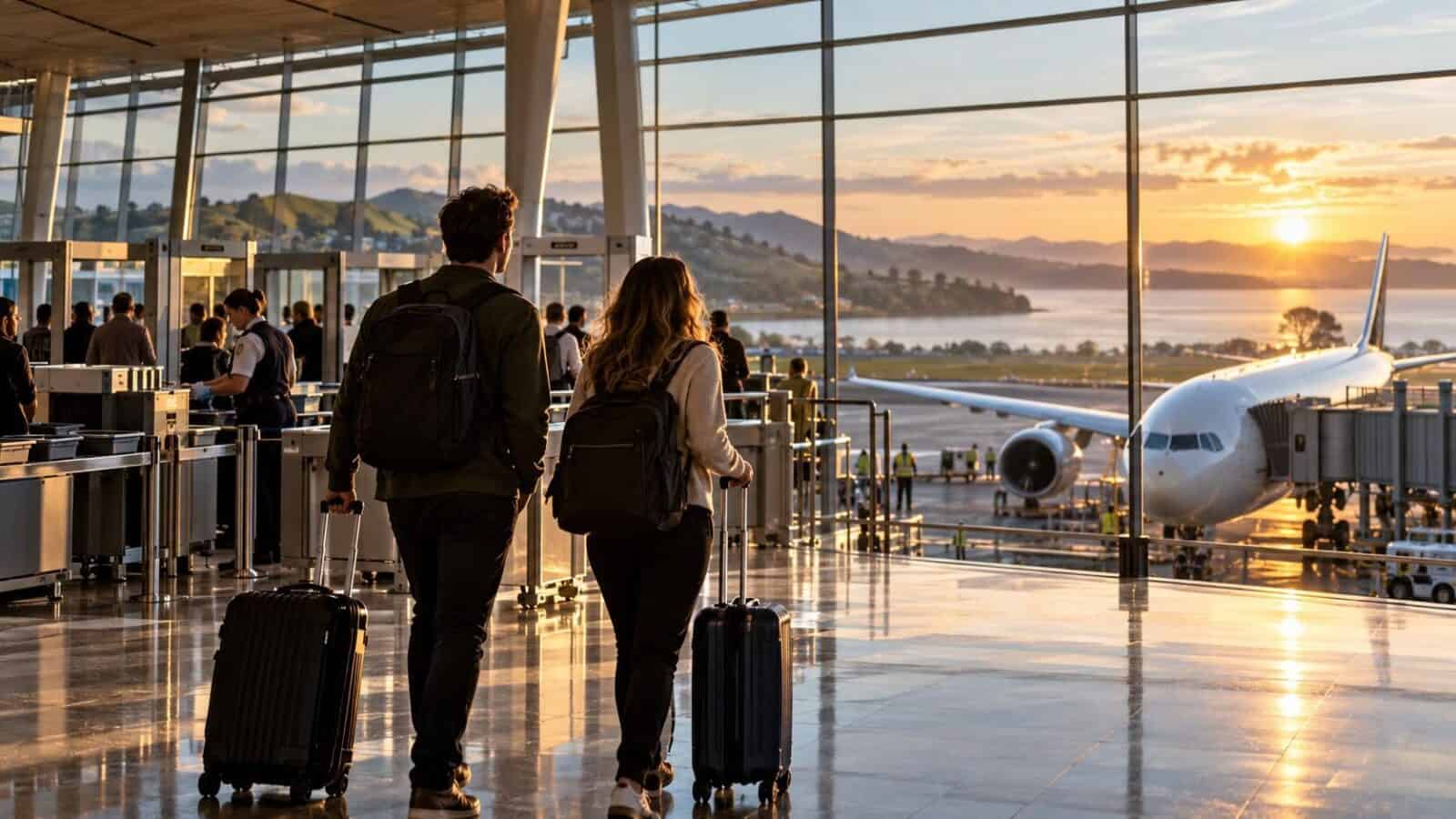 Ai-generated illustration of travellers beside airport security lanes and a parked aircraft, supporting coverage of new zealand aviation security levy cuts.