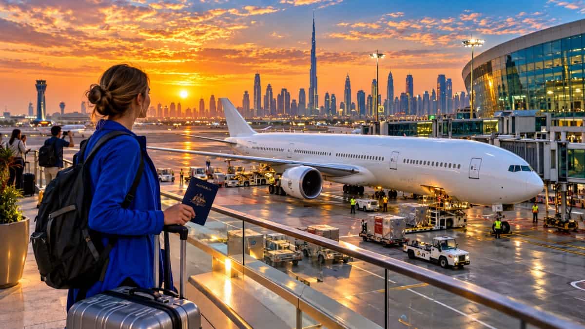 Australian traveller watches an  aircraft at dubai international airport as australia lowers travel warnings for the uae and qatar.