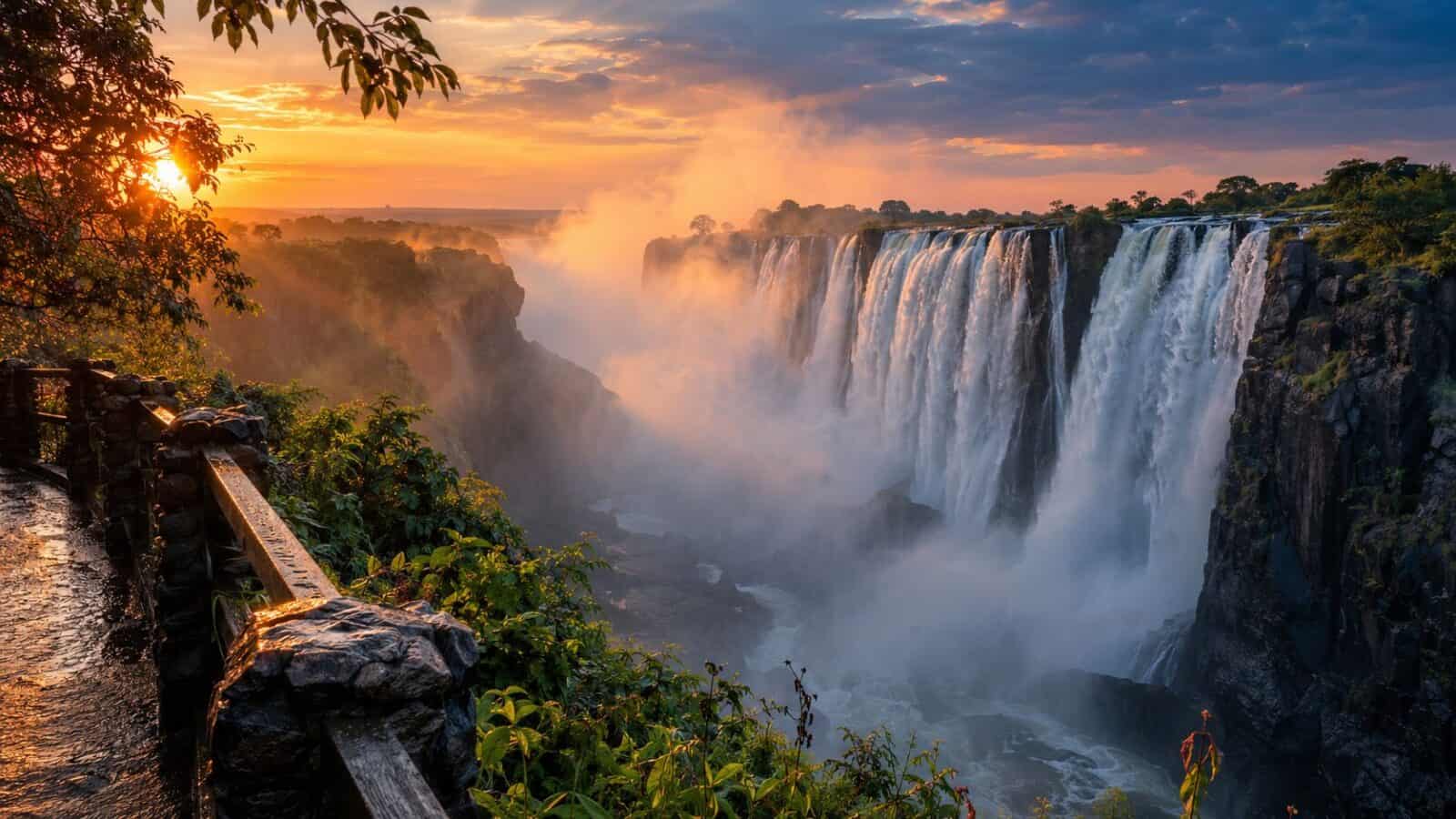 Sunset falls over the misty gorge - travel and tour world Zimbabwe