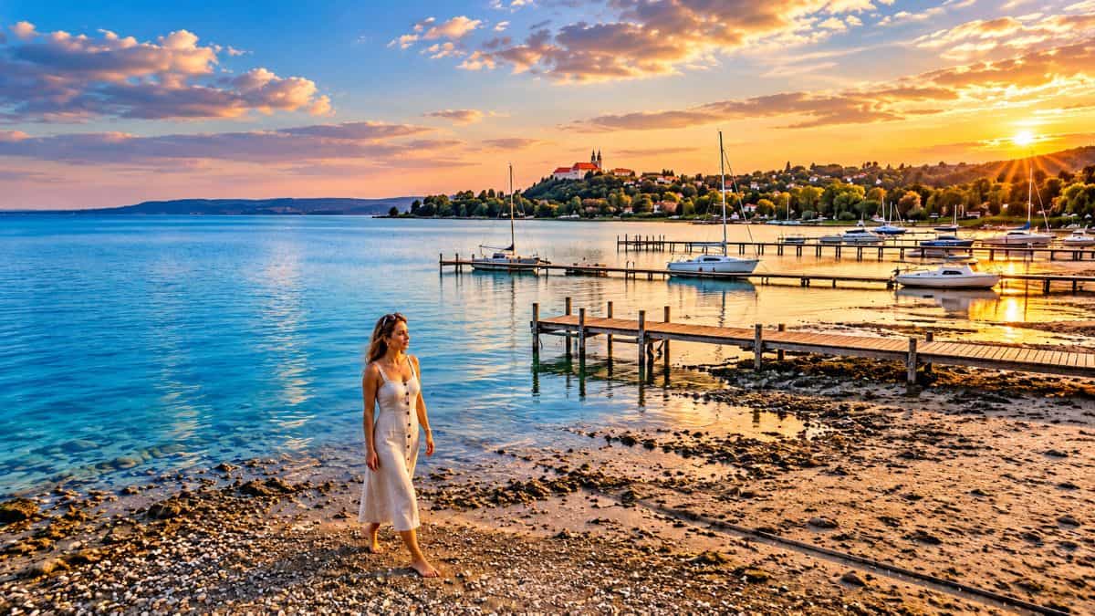Sunset stroll by the lakeside docks