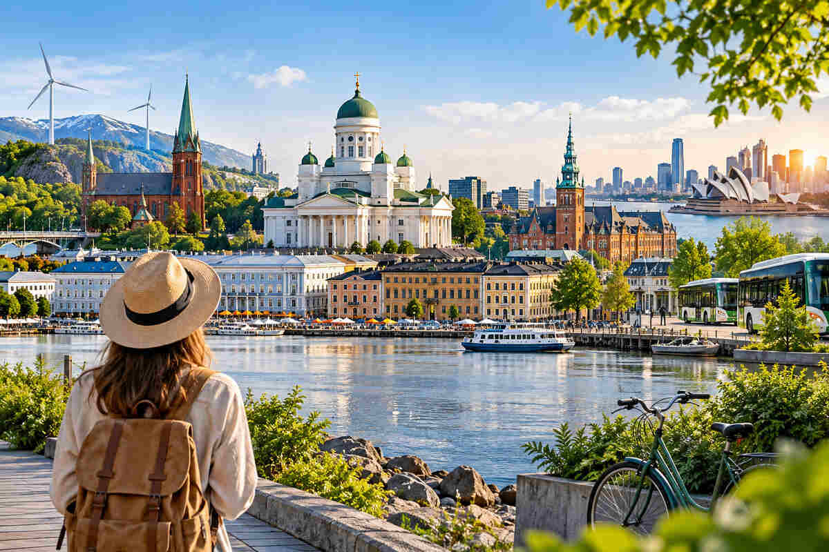 Scenic view of helsinki skyline with historic buildings and waterfront.