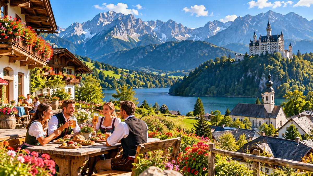 Sustainable tourism - travel and tour world A sunlit bavarian heritage inn overlooking a picturesque alpine village, tranquil blue lake, historic castle and snow-capped mountains, showcasing sustainable cultural tourism in germany and austria