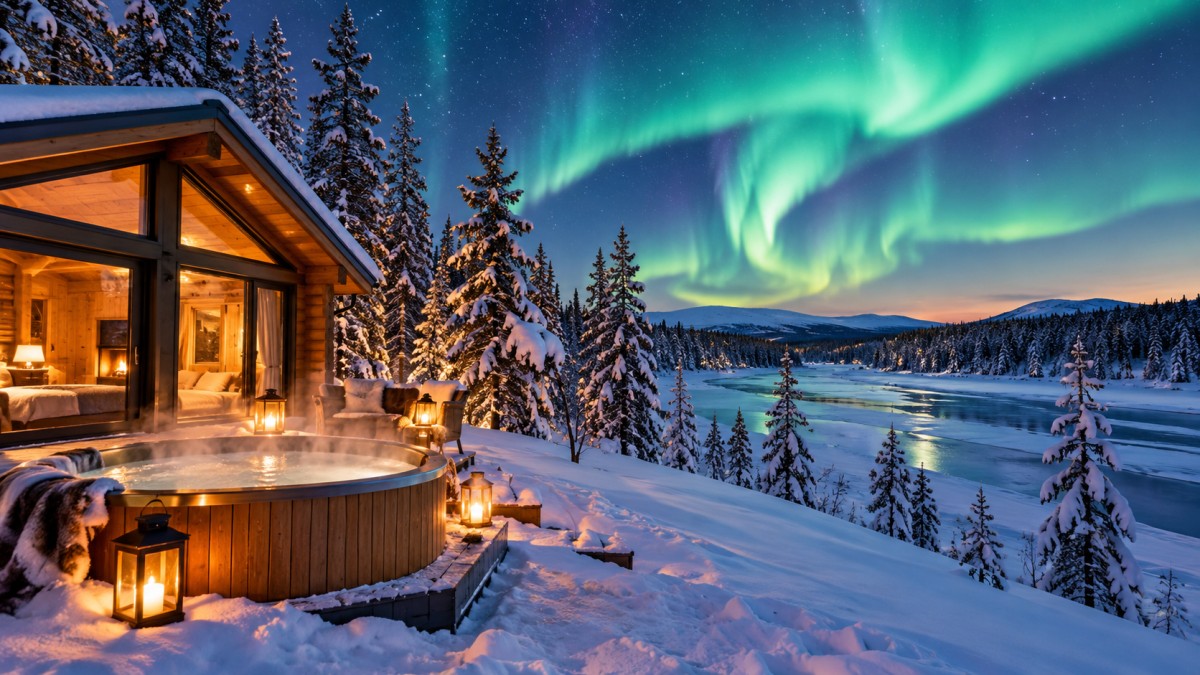 Northern lights over cabin jacuzzi