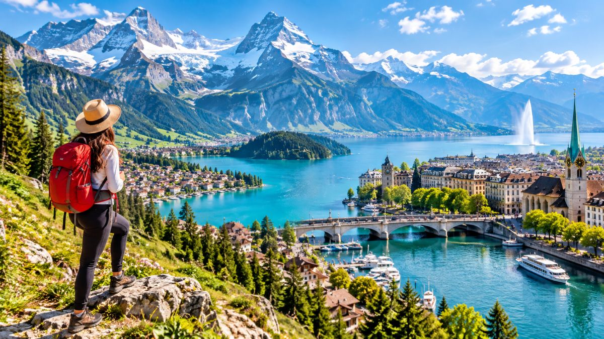 Switzerland and france alpine tourism landscape with snow-capped mountains, turquoise lake, elegant european cityscape, and a traveller overlooking the scenic valley.
