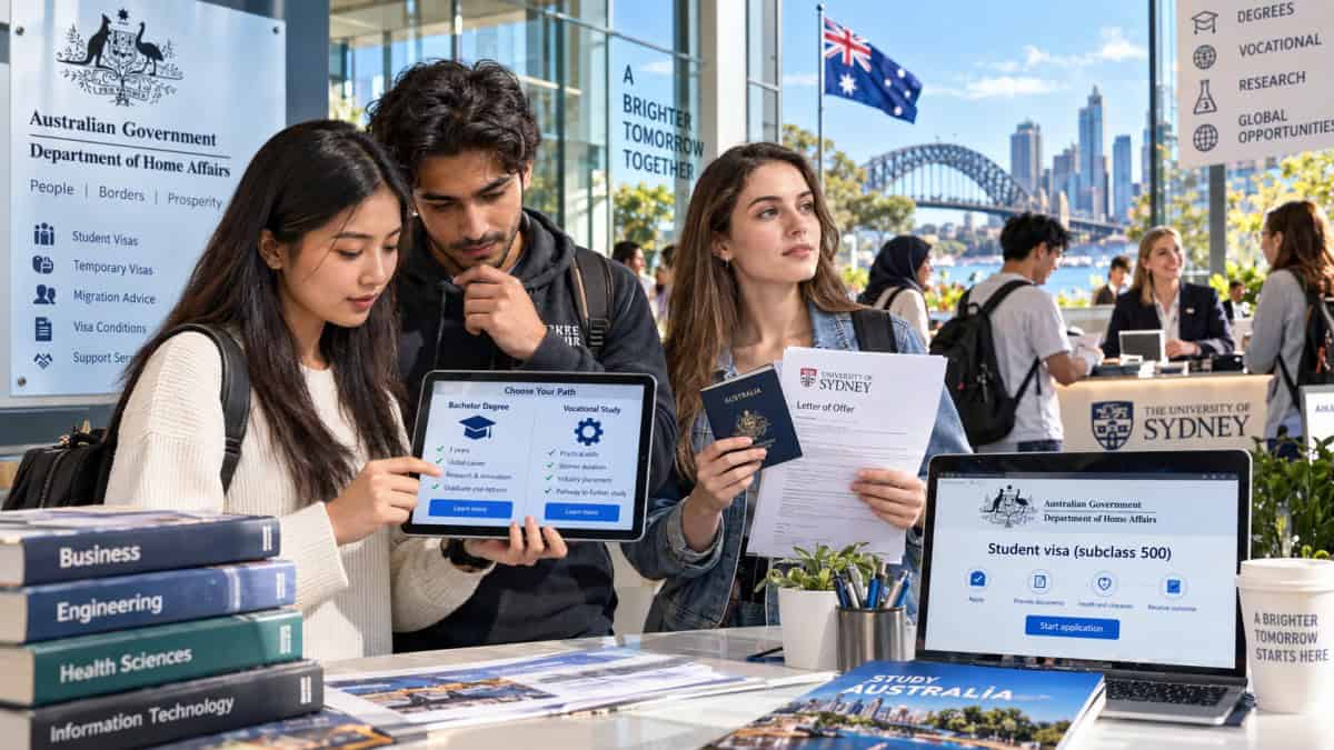 Australia student visa - travel and tour world International students reviewing australia student visa rules at a modern university campus.