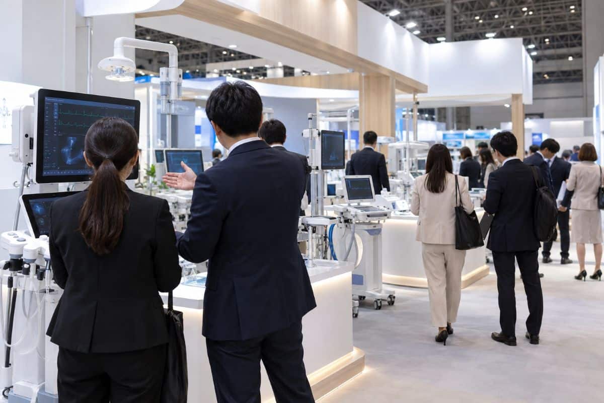 Taiwan excellence - travel and tour world Business professionals viewed from behind networking beside medical equipment displays in a modern healthcare exhibition pavilion.