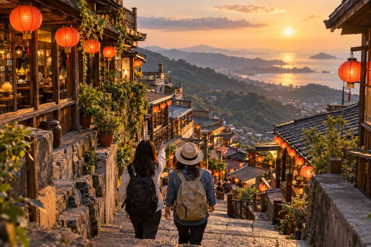 Taiwan travel rewards draw is now attracting interest as winning pairs unlock credit to see and do more - travel and tour world Two travellers on lantern-lined stone steps in jiufen, taiwan, overlooking coastal hills and the sea at sunset.