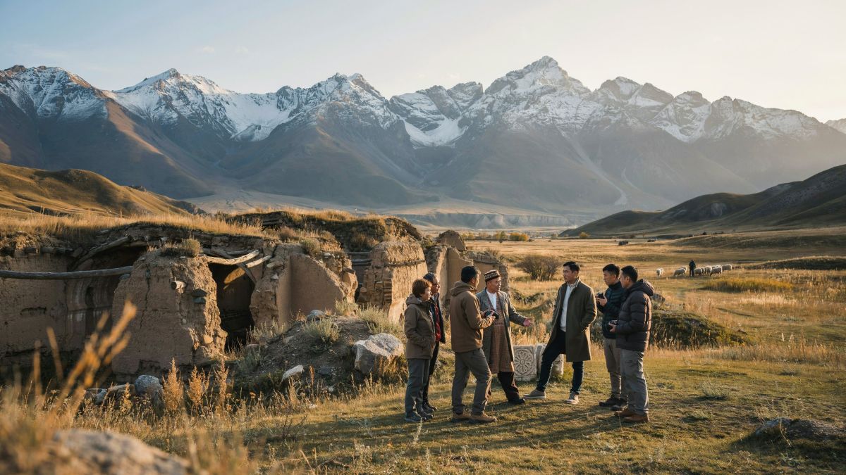 Tajikistan tourism - travel and tour world Visitors explore silk road ruins in tajikistan with a local guide and the pamir mountains in the distance.