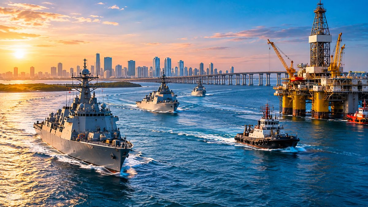 Port security personnel and naval vessels monitoring deepwater shipping channels along the southern maritime border.