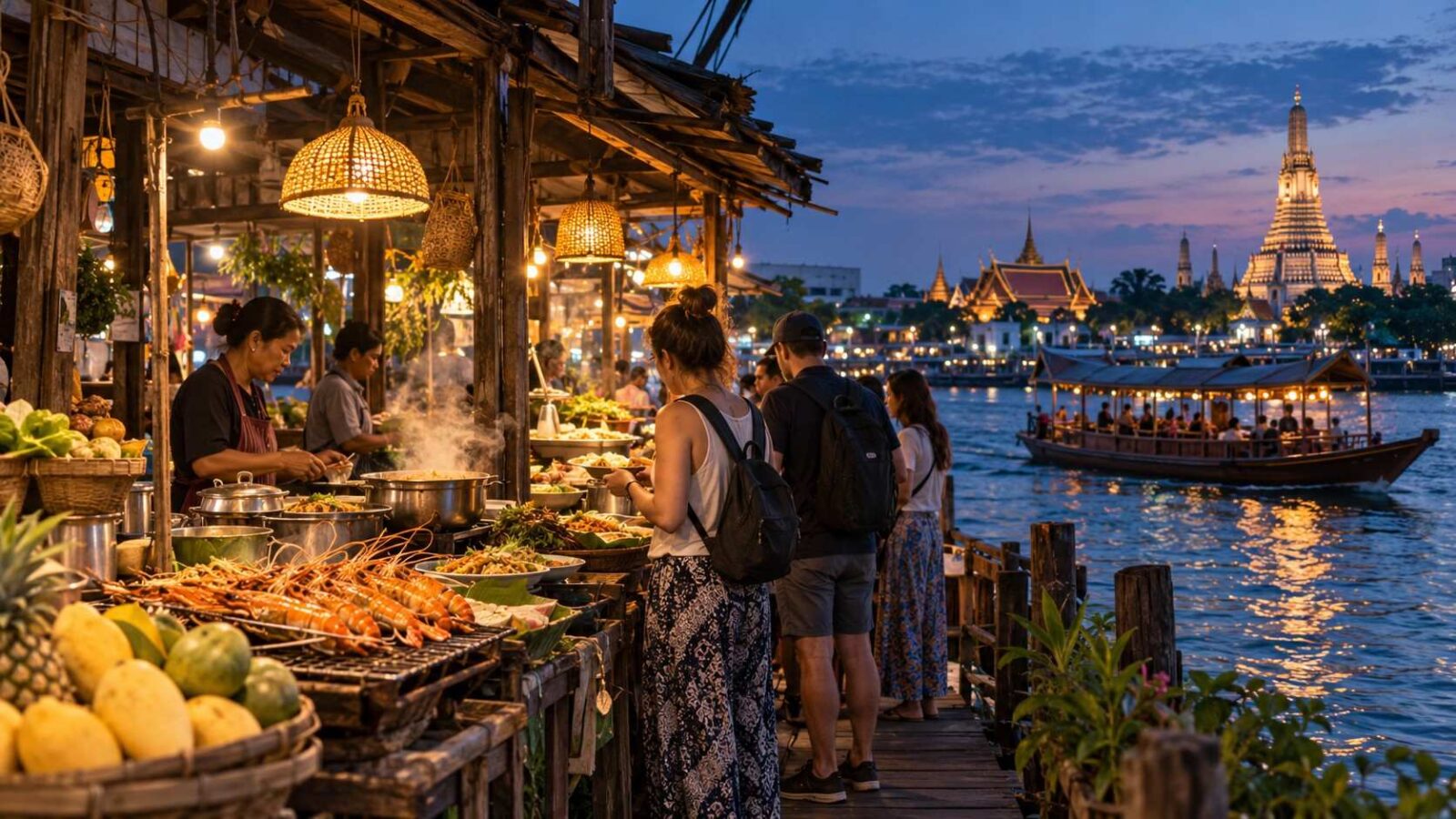 Thailand tourism - travel and tour world Thailand tourism scene with travellers browsing a riverside food market at dusk.
