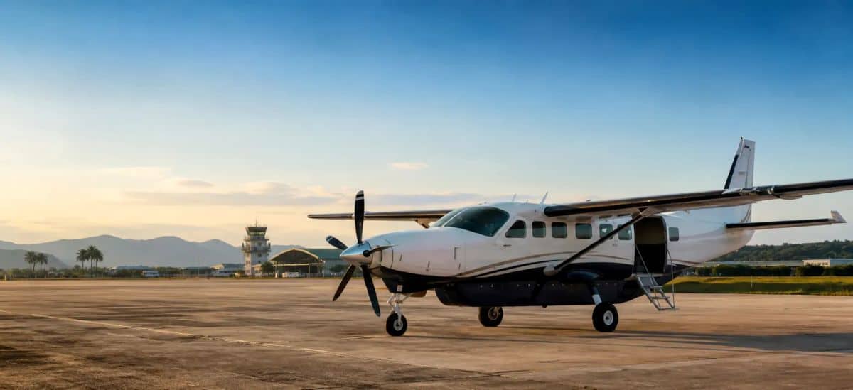 Ezy charter aircraft parked on an airport apron with its door open and boarding steps lowered.