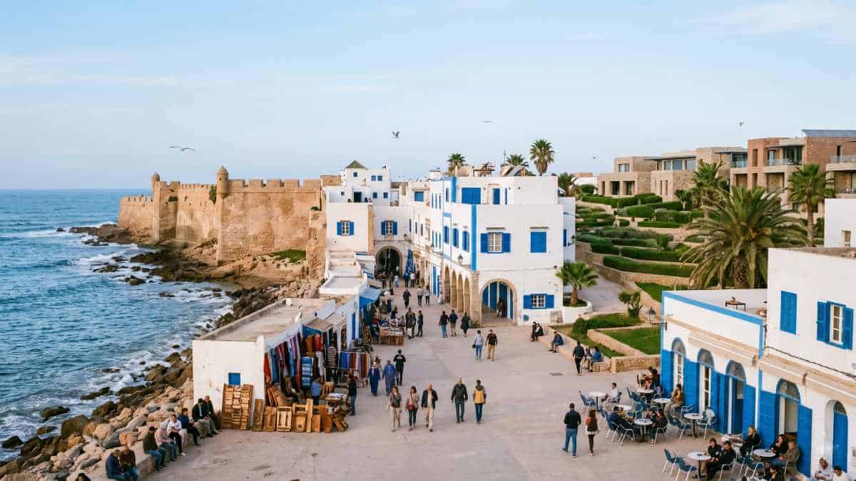 Thanksgiving travel - travel and tour world Travellers stroll along a historic coastal stone rampart lined with moroccan artisan stalls, blending seamlessly into a modern, green eco-resort under warm late-afternoon sunlight.