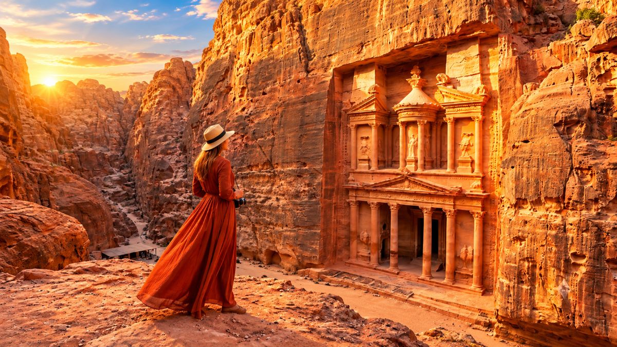 The iconic treasury facade carved into pink sandstone cliffs at the ancient city of petra in jordan.