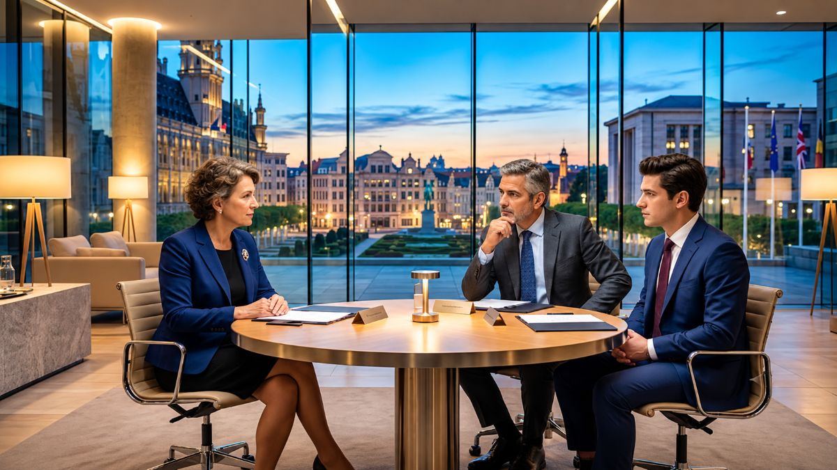 Three business professionals meeting around a round table in a modern glass-walled lounge overlooking a european city at sunset
