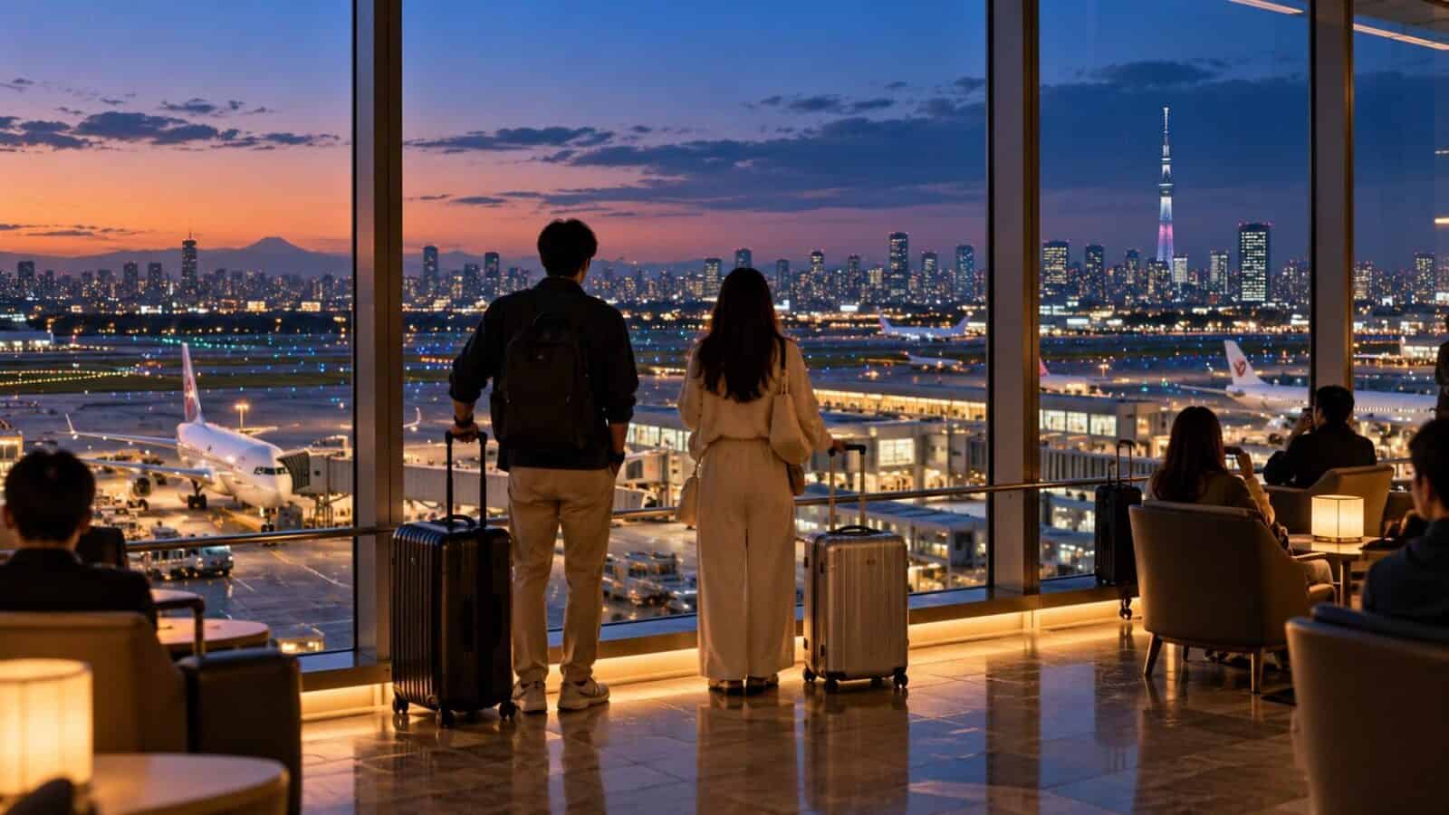 Japan tourism - travel and tour world Japan tourism illustration showing travellers with luggage overlooking tokyo’s skyline from an airport terminal.