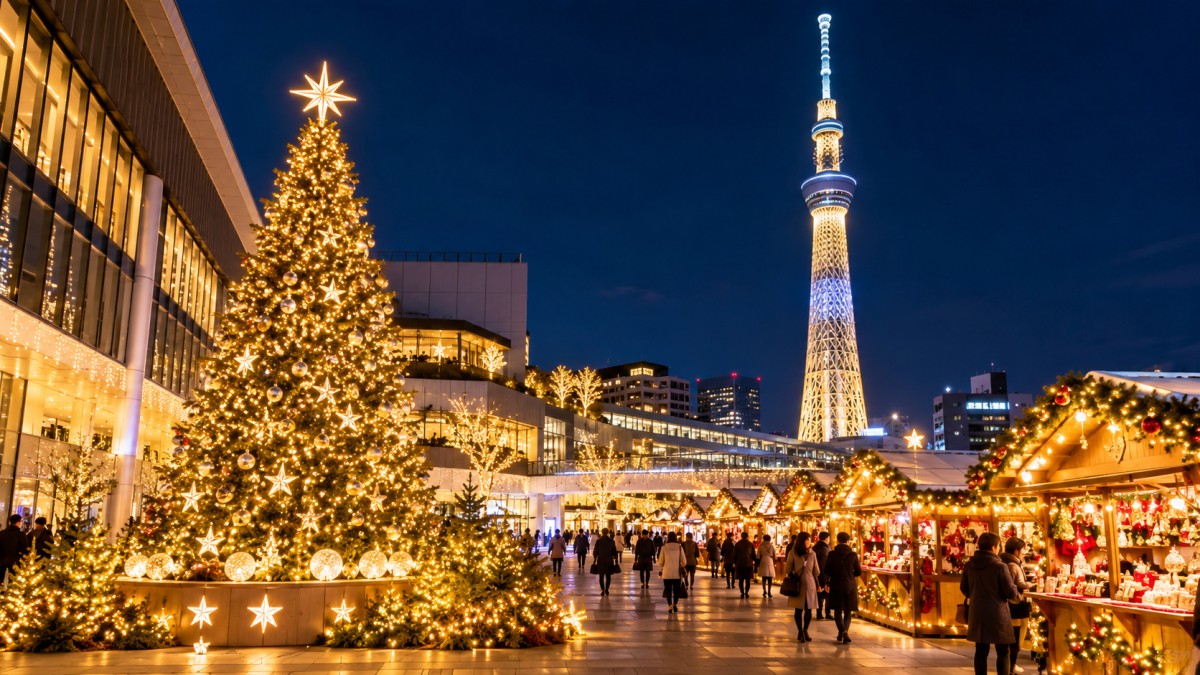 Tokyo skytree christmas market illuminations - travel and tour world Illuminated christmas tree near skytree tower