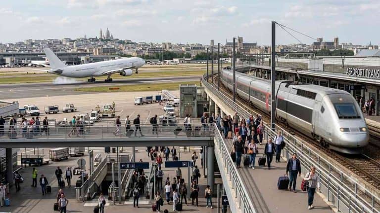 Passengers transfer between an arriving wide-body airplane and a departing high-speed train at a European transit hub.