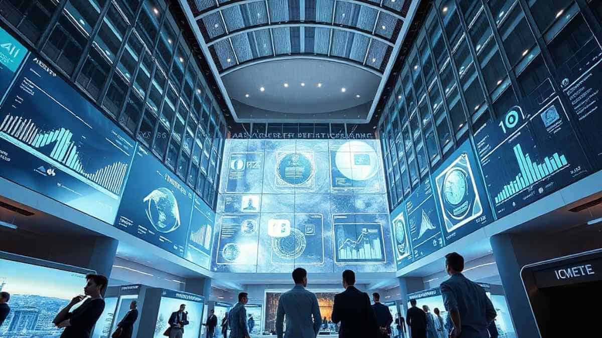 Attendees viewing high-tech digital analytics displays inside a futuristic exhibition hall.