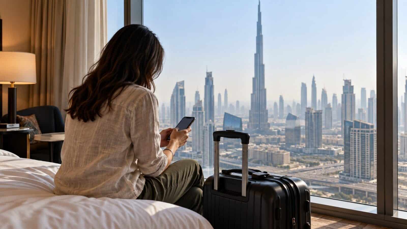 Traveller reviewing travel safety plans beside luggage in a hotel room overlooking the dubai skyline.