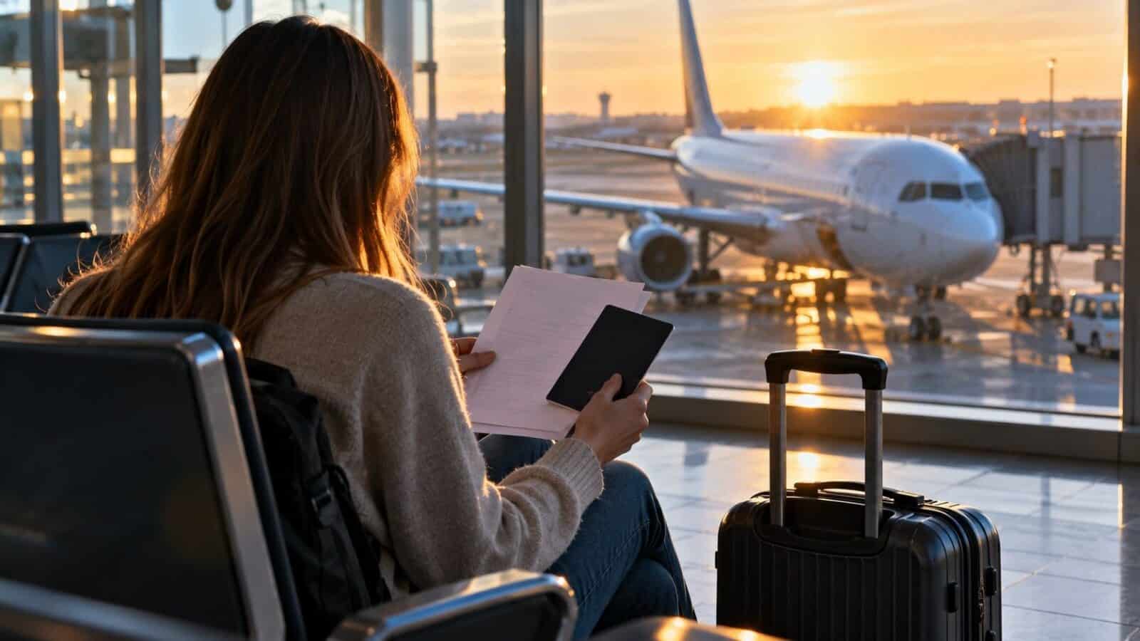 Us visa revocations - travel and tour world Traveller reviewing holiday bookings beside a suitcase at an airport, illustrating us visa revocations and refund concerns.